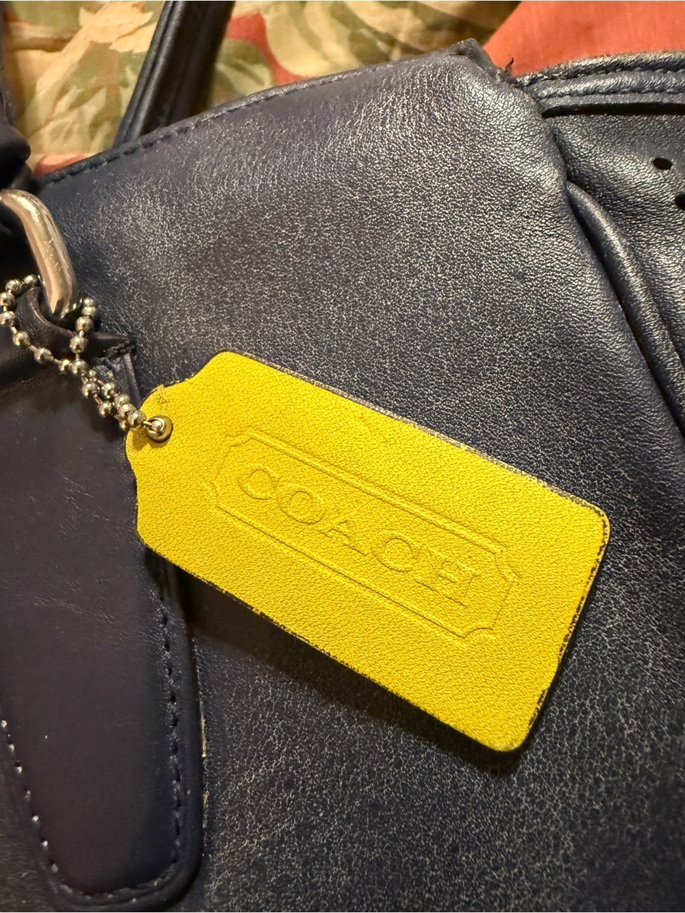PROJECT BAG! COACH Navy Leather Perforated Tote with Yellow Tassel Charm - Picture 13 of 14